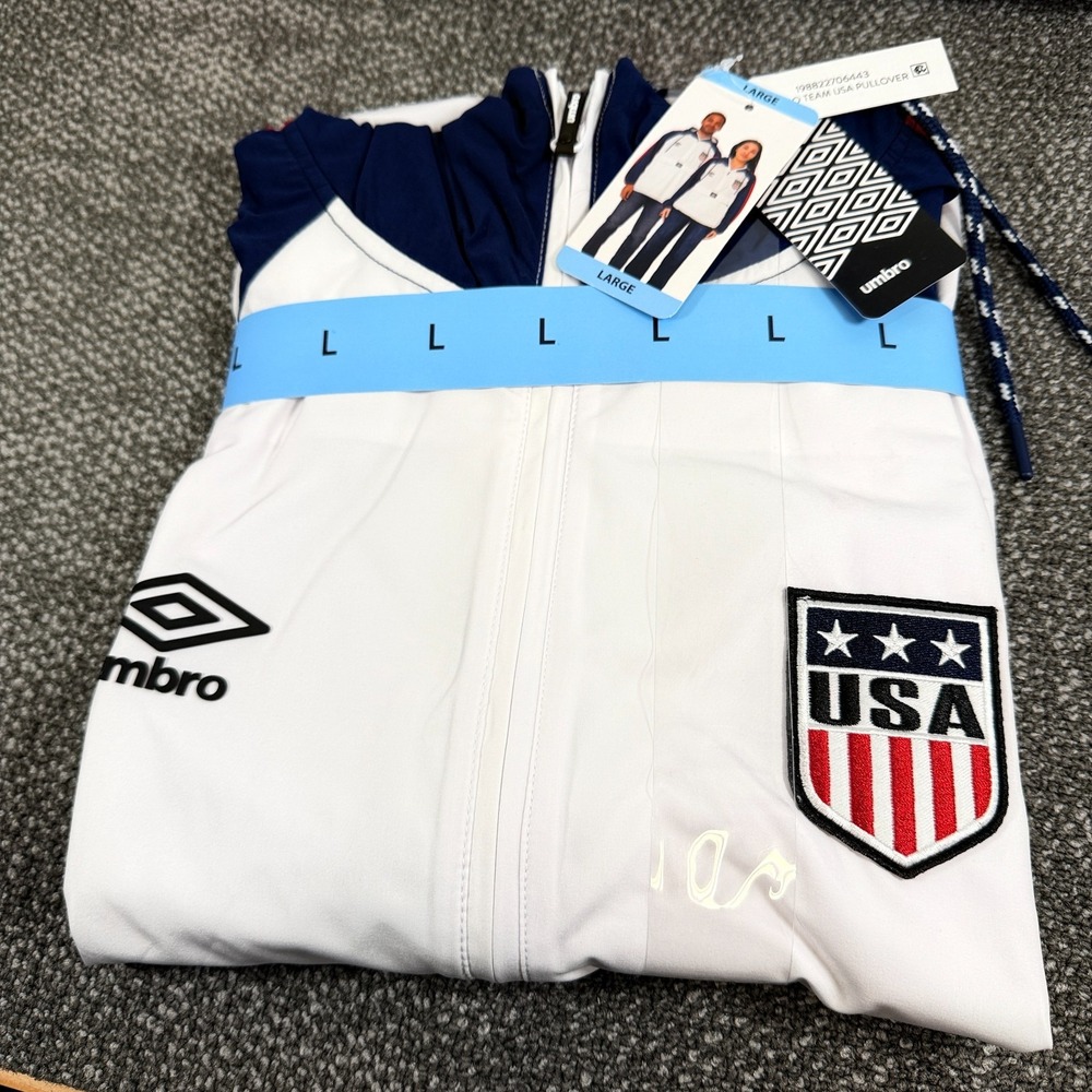 Umbro Team USA Pullover Jacket Mens Large White Blue Hooded Windbreaker NWT